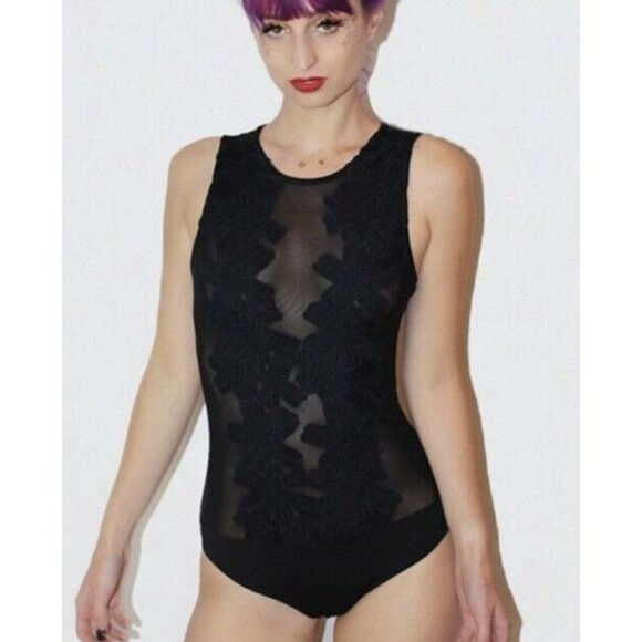 HAUTE Monde Black Bodysuit Sheer Floral Sleevless Size M Womens Sexy G - Picture 2 of 11